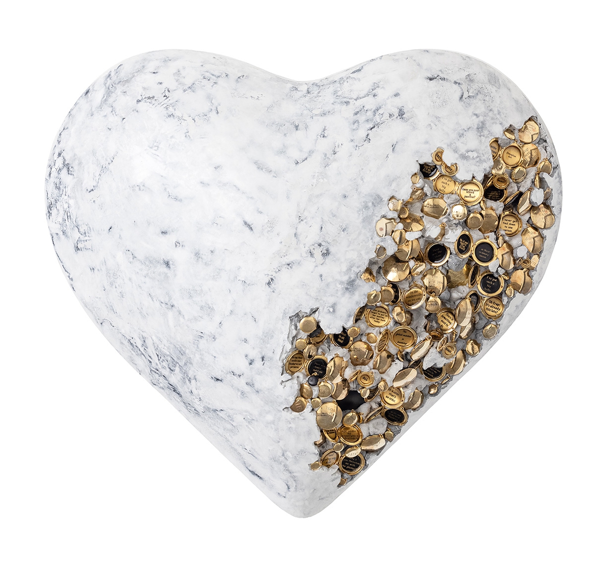 Jessica Lichtenstein: Today Is The Day, 2022, Concrete and plaster heart with engraved lockets, 21 x 24 x 9 inches