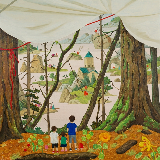 Hyunjeong Lim, Hidden Hand Camp, 2026, Acrylic, oil on canvas, 30 x 30 x .75 inches