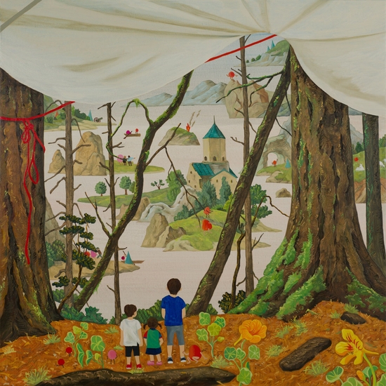 Hyunjeong Lim, Hidden Hand Camp, 2026, Acrylic, oil on canvas, 30 x 30 inches