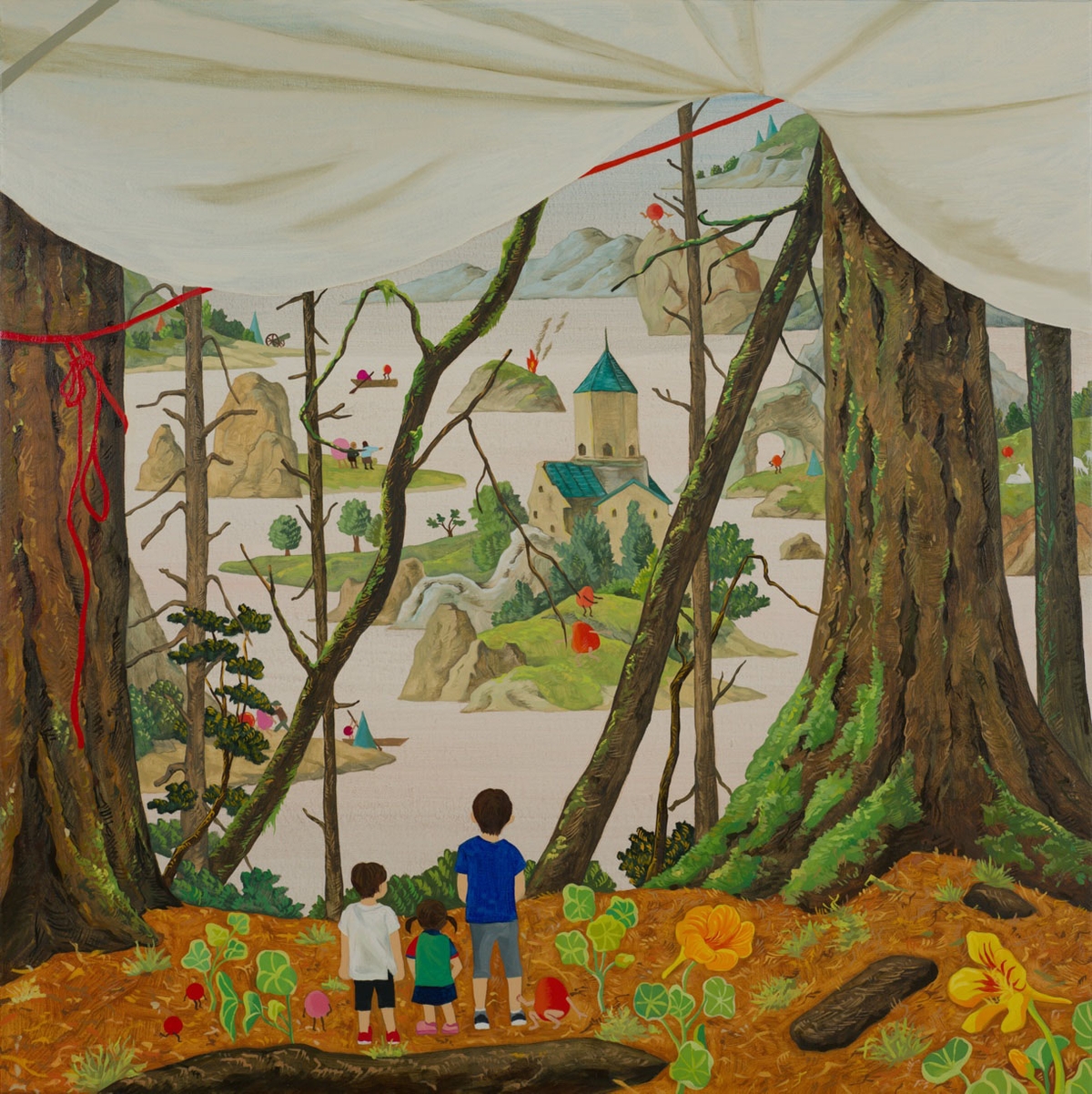 Hyunjeong Lim, Hidden Hand Camp, 2026, Acrylic, oil on canvas, 30 x 30 inches