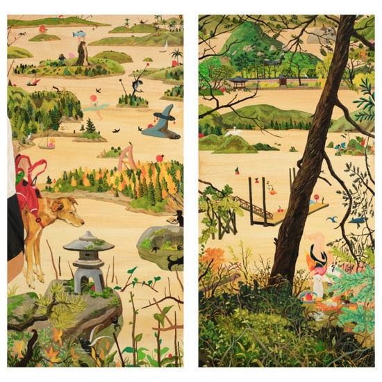 Hyunjeong Lim, Waterways, 2026, Acrylic, oil on canvas, 48 x 96 inches, Quadriptych