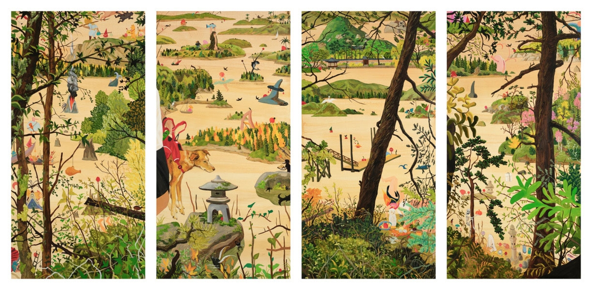 Hyunjeong Lim, Waterways, 2026, Acrylic, oil on canvas, 48 x 96 inches, Quadriptych