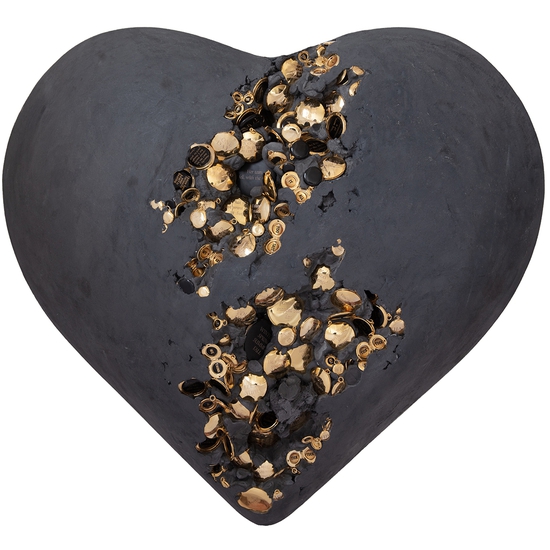 Jessica Litchenstein: To Hear Your Voice, 2020, Concrete and plaster heart with engraved lockets and watches, 21 x 24 x 9 inches