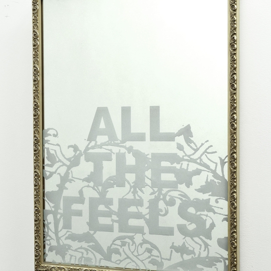 Amanda Manitach: All the Feels, 2018, Mirrored and sandblasted glass, 31.25 x 23.25 inches
