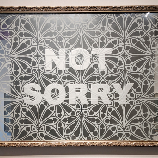 Amanda Manitach: Not Sorry, 2019, Mirrored And Sandblasted Glass, 23.5 x 31.5 x 2 inches