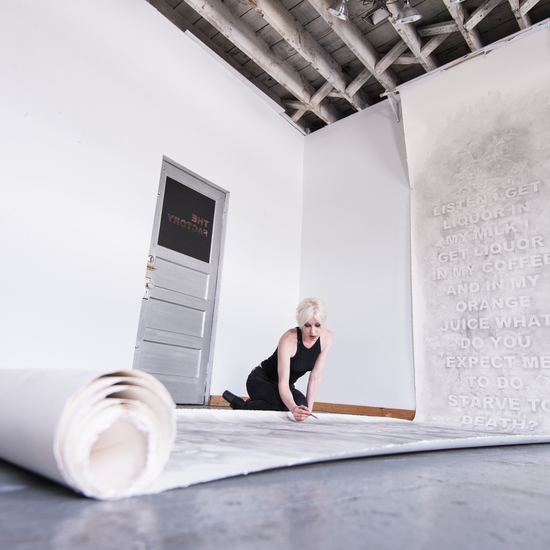 Amanda Manitach drawing Frances Farmer Defends Herself at the Factory, Seattle, WA, May 3, 2016