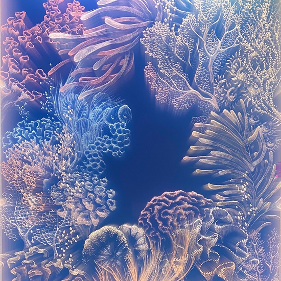 Tatyana Murray: Red Into Blue Coral, 2021, Glass, acrylic, and programmed LED lights, 36 x 25.5 x 5.5 inches