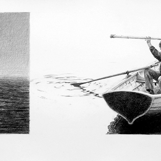 Ethan Murrow, The Hydrogen Expedition - Preparing to Embed Thermo Sensors, 2005, Graphite on paper, 18 x 44 inches