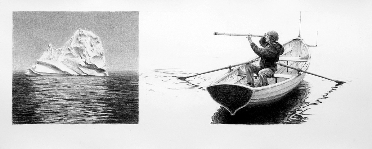 Ethan Murrow, The Hydrogen Expedition - Preparing to Embed Thermo Sensors, 2005, Graphite on paper, 18 x 44 inches
