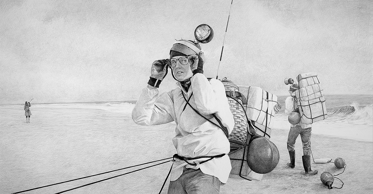 Ethan Murrow: It Was Awful Luck, She Had Definitely Seen Them Cast Out the Cetacean Broadcaster, 2007, Graphite on paper, 72 x 138 inches