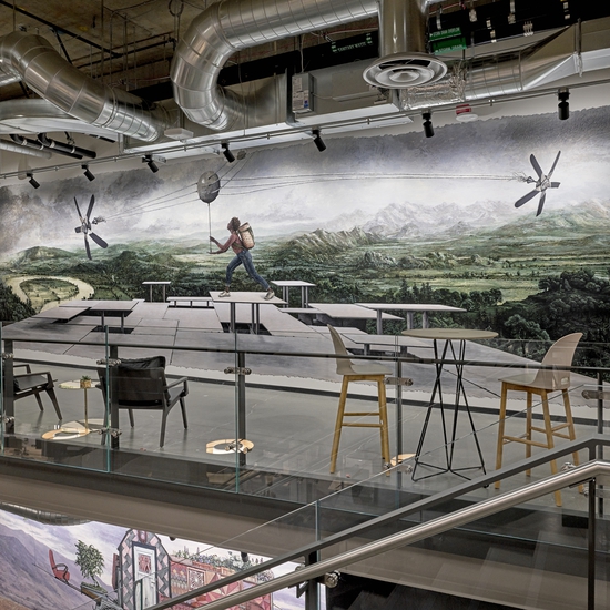Murrow: The Devise Triptych Air, 2019, Acrylic Paint Wall Mural, Expedia Group Seattle Campus, Installation View, image by Clements / Feathergill Photography