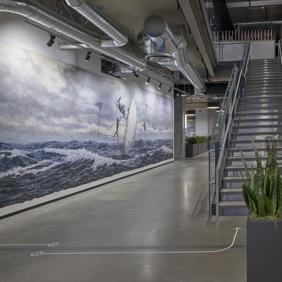Murrow: The Devise Triptych Water, 2019, Acrylic Paint Wall Mural, Expedia Group Seattle Campus, Installation view, image by Clements / Feathergill Photography