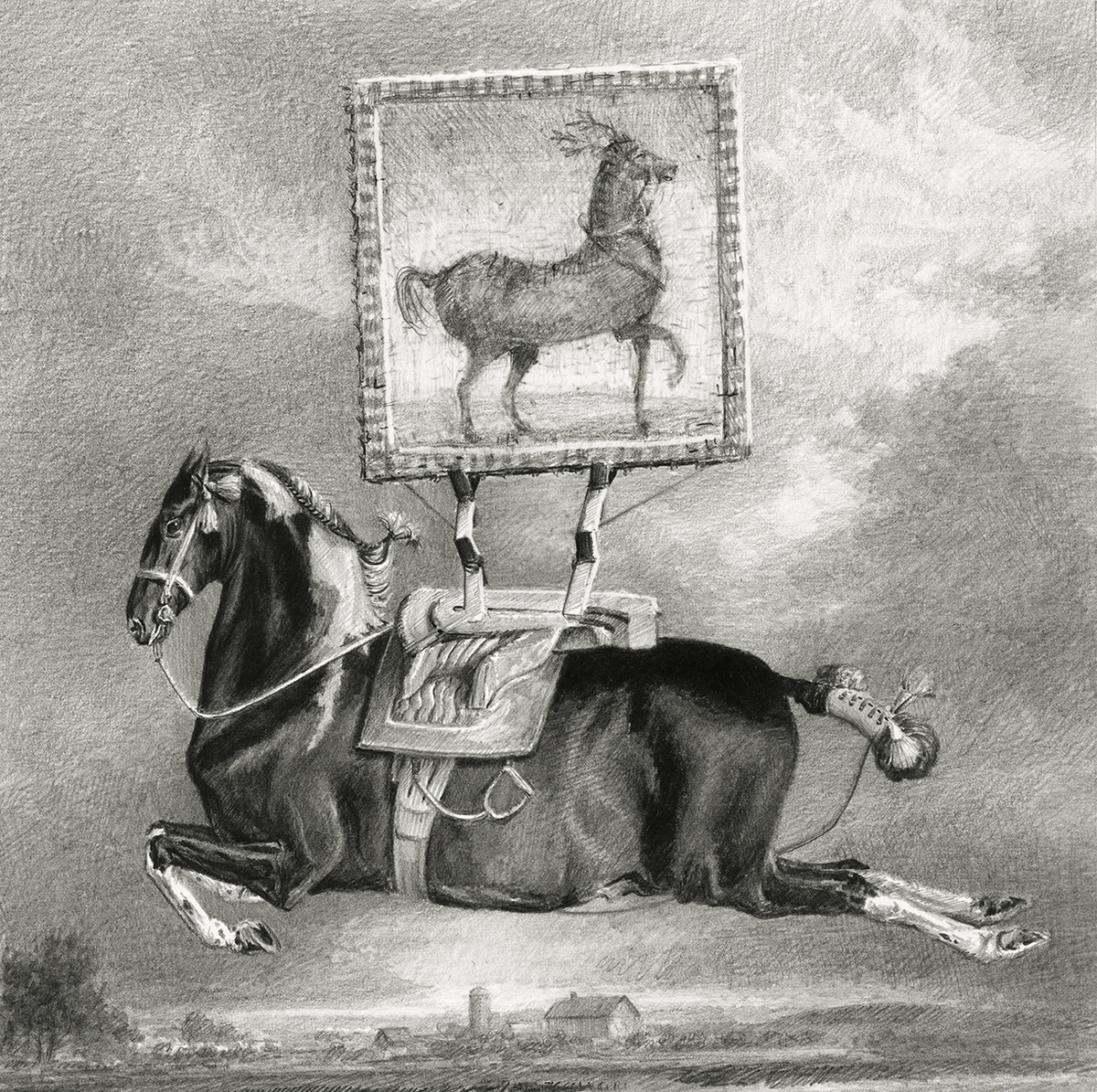 Ethan Murrow, The Farm, 2025, Graphite on paper, 12 x 12 inches
