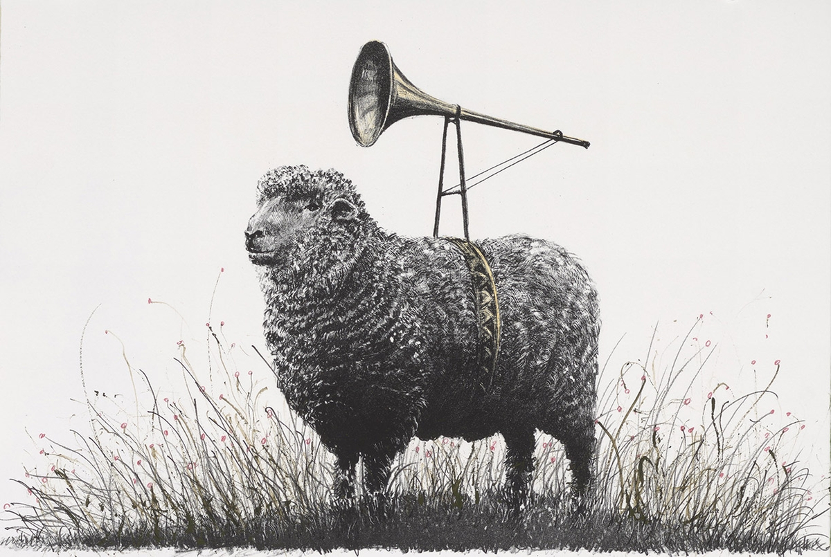 Ethan Murrow, Troubadour Edition 14 of 20, 2026, Two color stone lithograph with unique hand-coloring, 12 x 18 inches