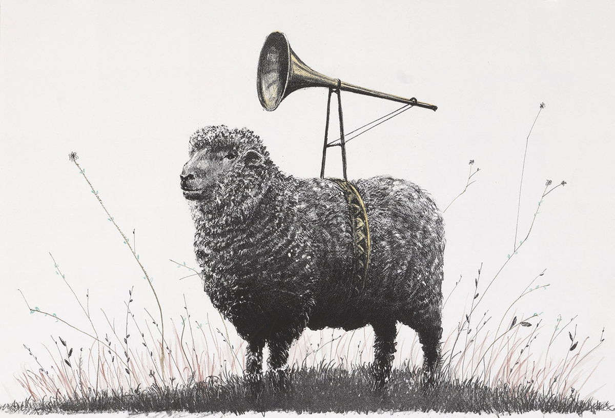 Ethan Murrow, Troubadour Edition 16 of 20, 2026, Two color stone lithograph with unique hand-coloring, 12 x 18 inches
