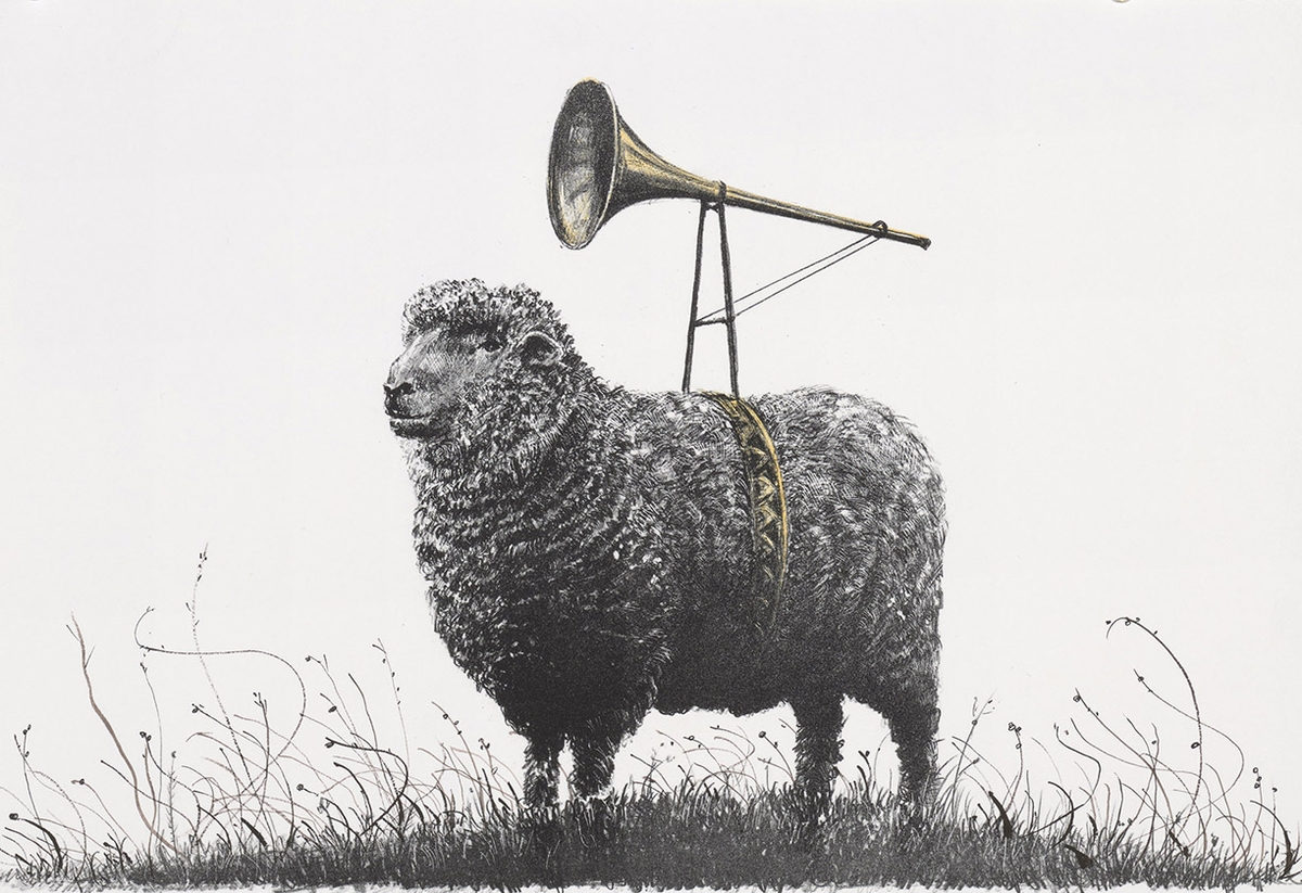 Ethan Murrow, Troubadour Edition 18 of 20, 2026, Two color stone lithograph with unique hand-coloring, 12 x 18 inches