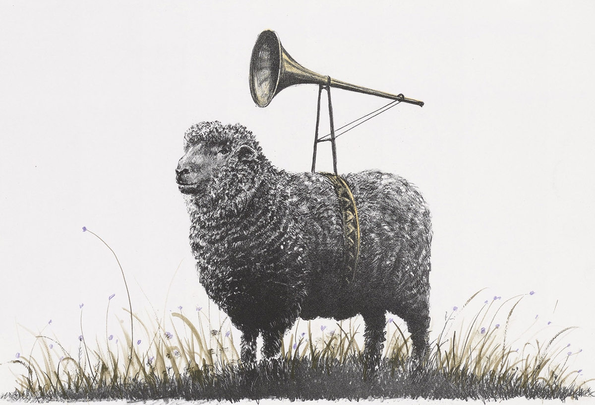 Ethan Murrow, Troubadour Edition 2 of 20, 2026, Two color stone lithograph with unique hand-coloring, 12 x 18 inches