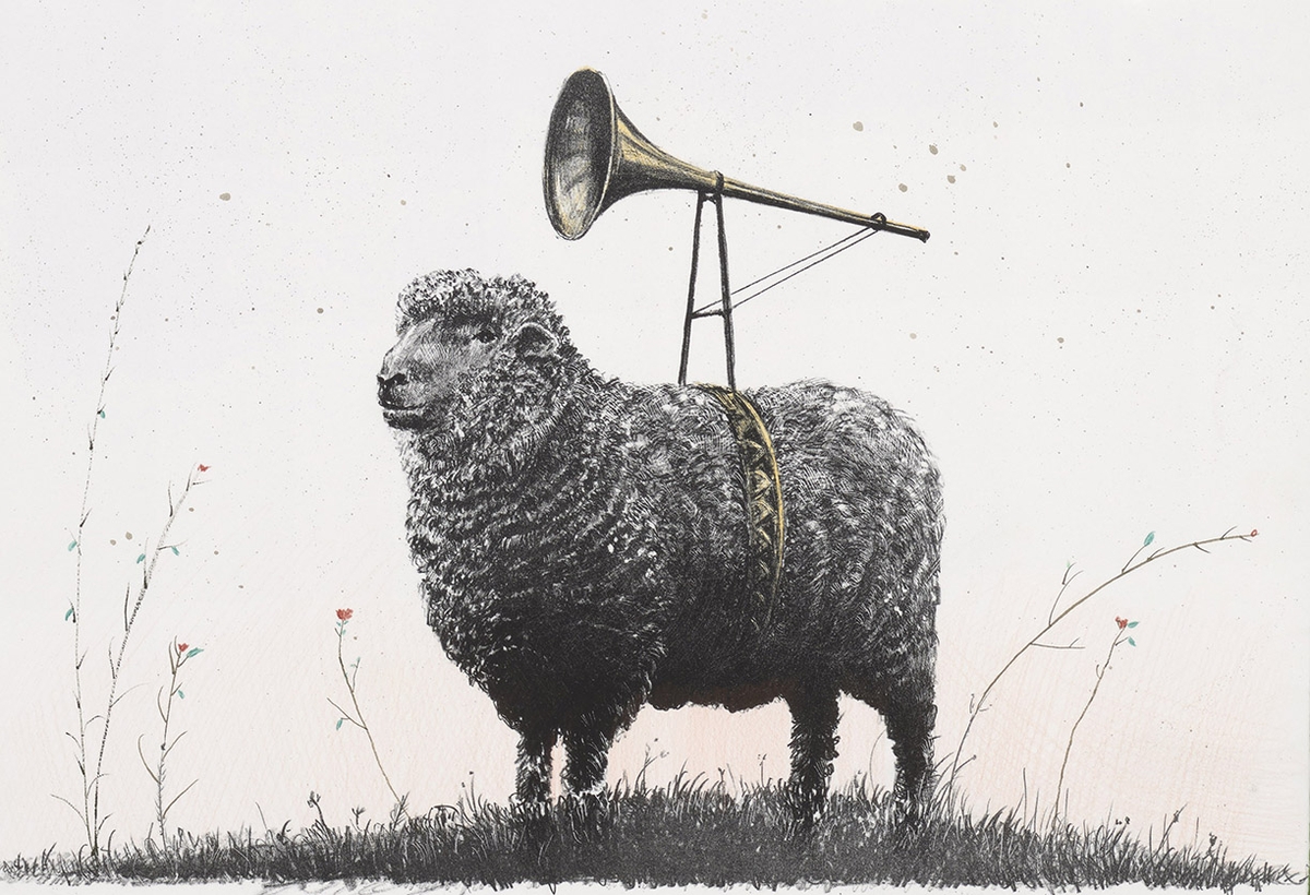 Ethan Murrow, Troubadour Edition 6 of 20, 2026, Two color stone lithograph with unique hand-coloring, 12 x 18 inches