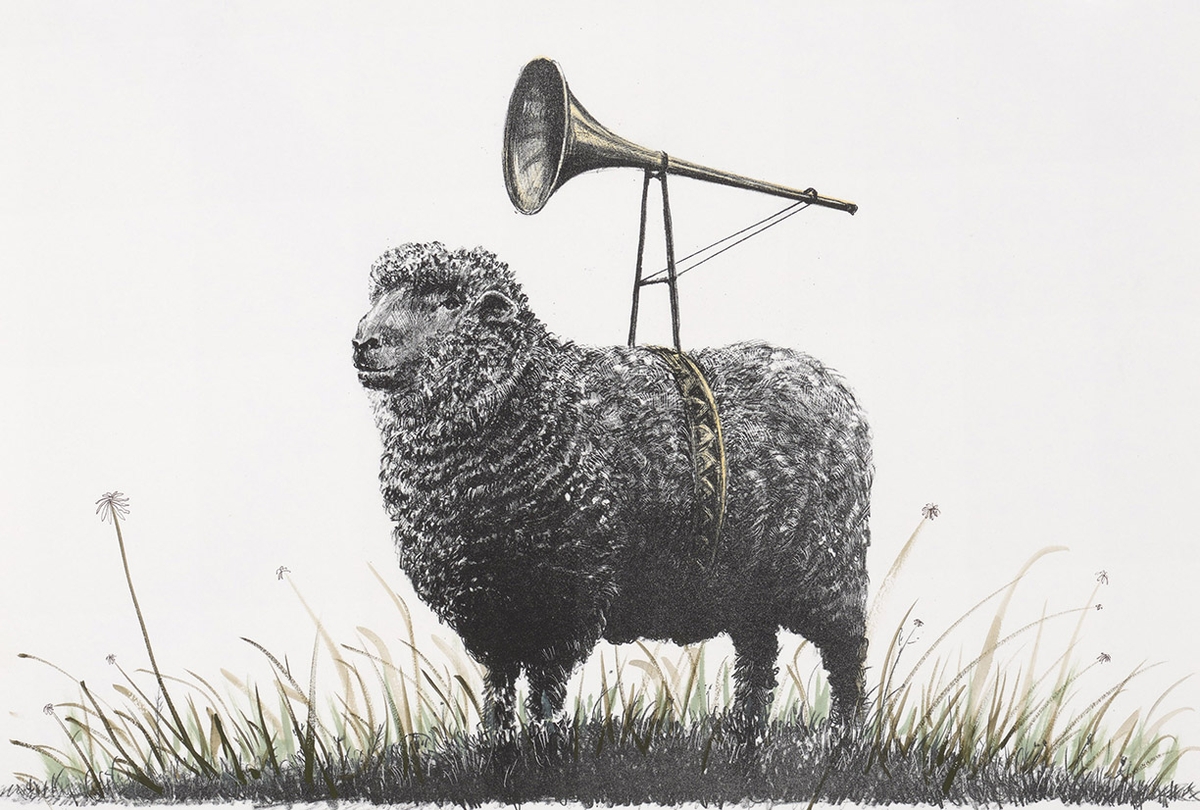 Ethan Murrow, Troubadour Edition 8 of 20, 2026, Two color stone lithograph with unique hand-coloring, 12 x 18 inches