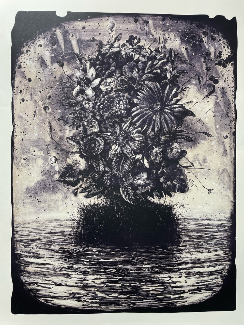Ethan Murrow: Volcano, 2022, Five color Lithograph from stone on Rives BFK white paper, Edition of 70, 40.25 x 30 inches (Paper size: 42 x 31 inches)