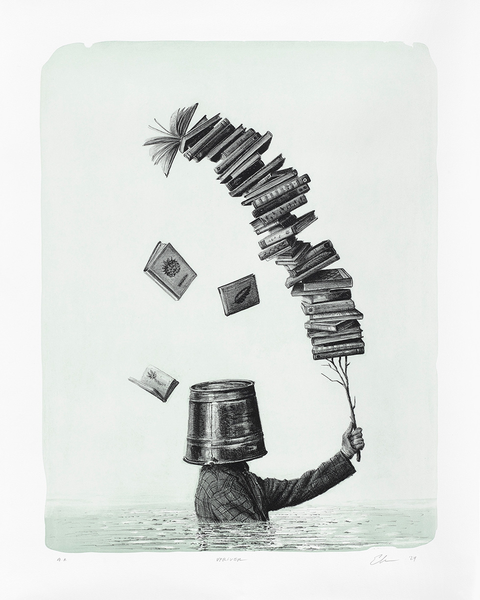 Ethan Murrow: Upriver, 2024, Three color stone lithograph on paper, 36.5 x 25.5 inches, Edition of 50