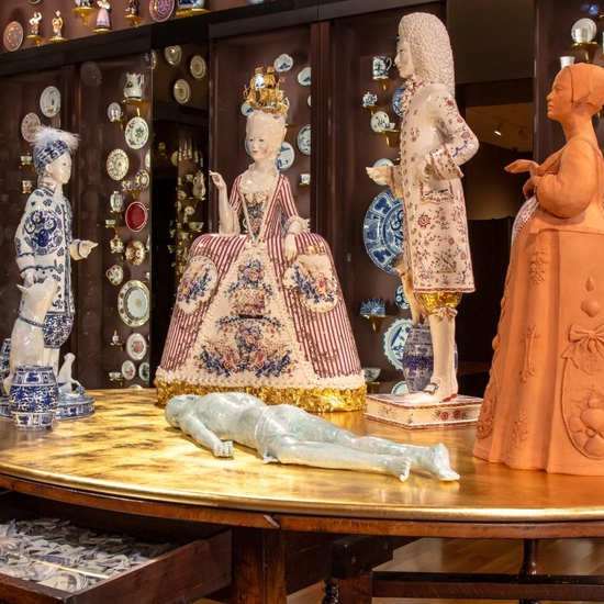 Installation view of 'Taking Tea' featured in Seattle Art Museum's Porcelain Room. Image by Natali Wiseman