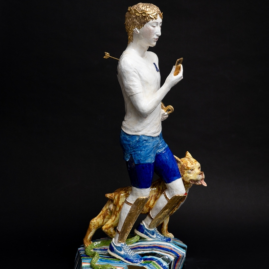Claire Partington: Apollo, 2024, Ceramic and mixed media, 34 x 15 x 10 inches