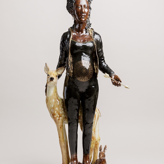 Claire Partington: Artemis, 2019, Glazed ceramic and mixed media, 32 x 13 x 13 inches