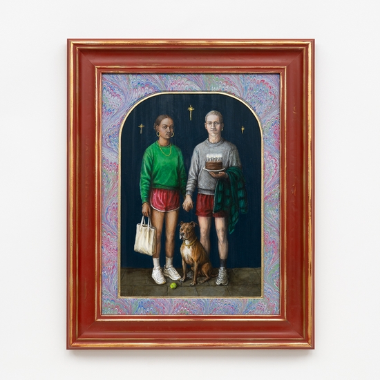 Claire Partington, Cake, 2026, Oil and acrylic on panel, Framed size 24.5 x 19.5 x 2 inches