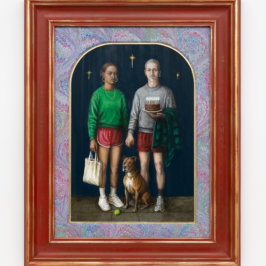 Claire Partington, Cake, 2026, Oil and acrylic on panel, Framed size 24.5 x 19.5 x 2 inches