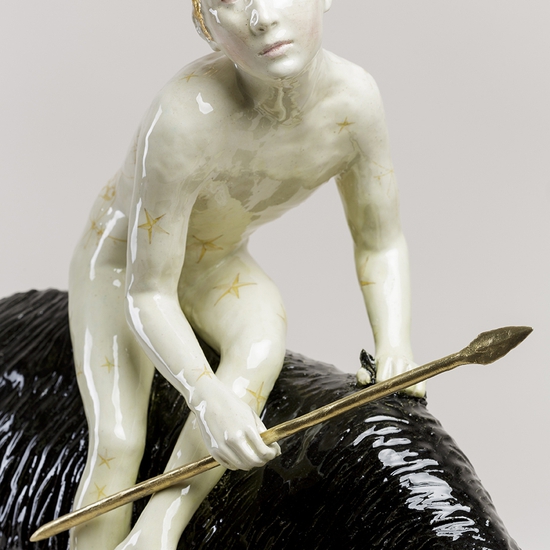 Claire Partington: Calliston and Arcas, 2019, earthenware, glaze, lustre, mixed media, 21 x 19 x 10 inches, detail