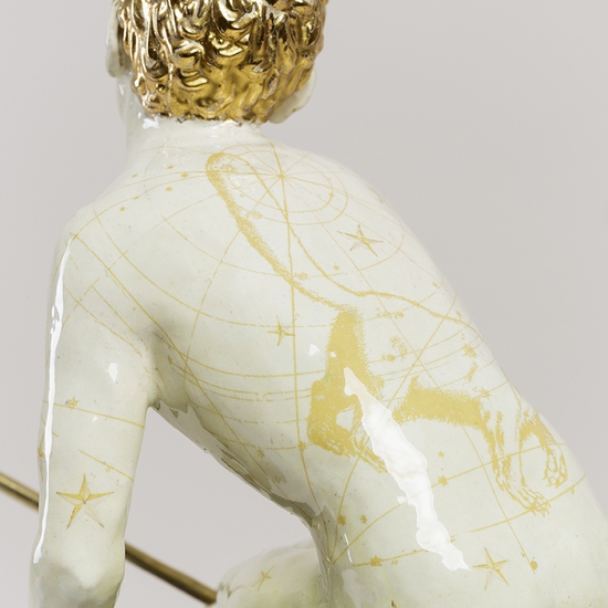 Claire Partington: Calliston and Arcas, 2019, earthenware, glaze, lustre, mixed media, 21 x 19 x 10 inches, detail