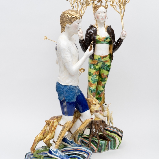 Claire Partington: Additional view of 'Daphne' and 'Apollo', 2024, Ceramic and mixed media, 40 x 12 x 12 and 34 x 15 x 10 inches