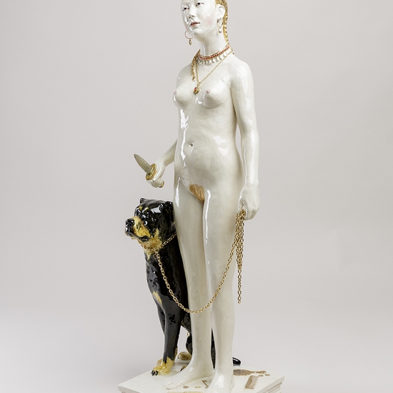 Claire Partington: SOLD Diana (after Cranach), 2019, earthenware, glaze, lustre, mixed media, 28 x 8 x 8 inches