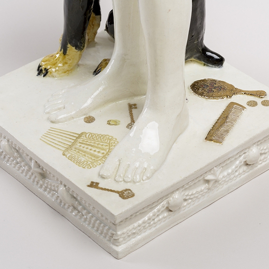 Claire Partington: Diana (after Cranach), 2019, earthenware, glaze, lustre, mixed media, 28 x 8 x 8 inches, detail