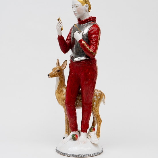 Claire Partington: Hart (Red), 2024, Ceramic & mixed media, 31 x 12 x 11 inches