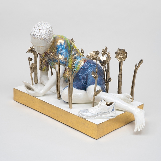 Claire Partington: Narcissus, 2022, Glazed earthenware and gold plated brass, 11 x 15.5 x 10 inches