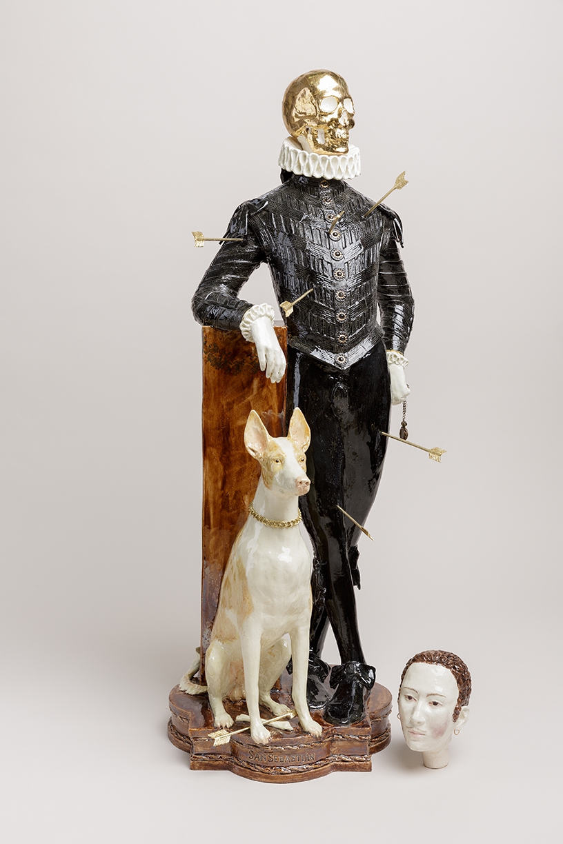 Claire Partington: Saint Sebastian, 2019, Glazed ceramics and mixed media, 31 x 13 x 13 inches