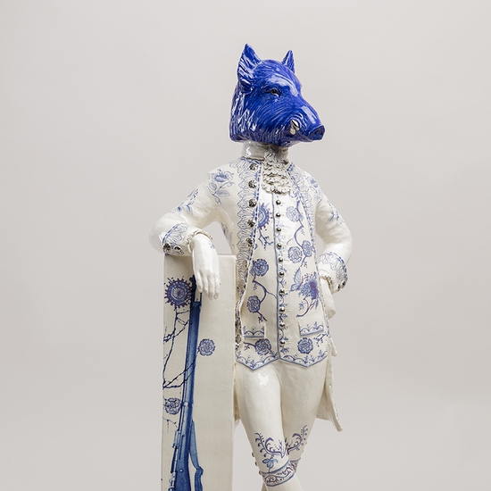 Claire Partington: The Blue Boar, 2019, earthenware, glaze, lustre, mixed media, 27 x 8.5 x 6.5 inches