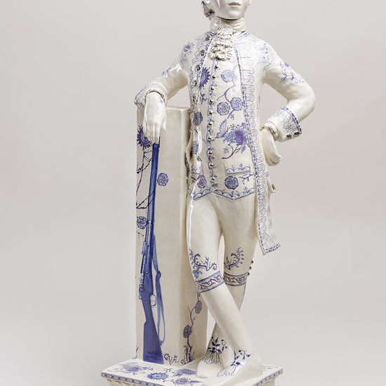 Claire Partington: The Blue Boar, 2019, earthenware, glaze, lustre, mixed media, 27 x 8.5 x 6.5 inches