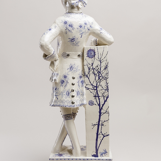 Claire Partington: The Blue Boar, 2019, earthenware, glaze, lustre, mixed media, 27 x 8.5 x 6.5 inches