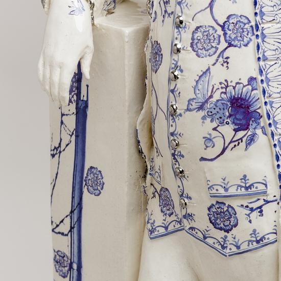 Claire Partington: The Blue Boar, 2019, earthenware, glaze, lustre, mixed media, 27 x 8.5 x 6.5 inches, detail