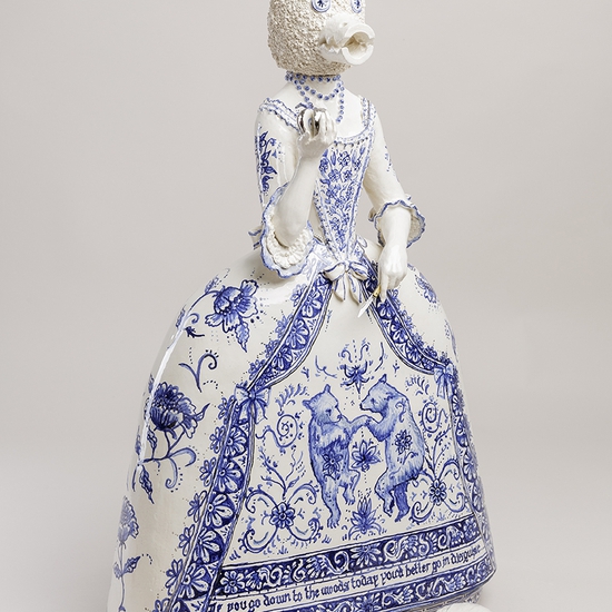 Claire Partington: The Dancing Bear, 2019, earthenware, glaze, lustre, mixed media, 29 x 17.5 x 5.5 inches