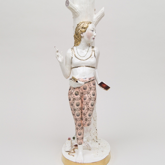 Claire Partington: The Descent of Man, 2021, Glazed Earthenware, 26 x 11 x 8 inches