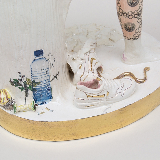 Claire Partington: The Descent of Man, 2021, Glazed Earthenware, 26 x 11 x 8 inches