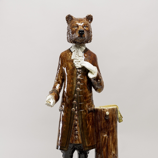 Claire Partington: The Woodsman, 2019, earthenware, glaze, lustre, mixed media, 31 x 15 x 6.5 inches