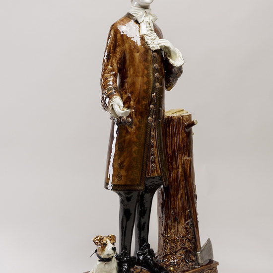 Claire Partington: The Woodsman, 2019, earthenware, glaze, lustre, mixed media, 31 x 15 x 6.5 inches