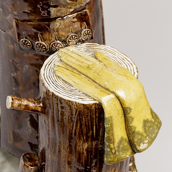 Claire Partington: The Woodsman, 2019, earthenware, glaze, lustre, mixed media, 31 x 15 x 6.5 inches, detail