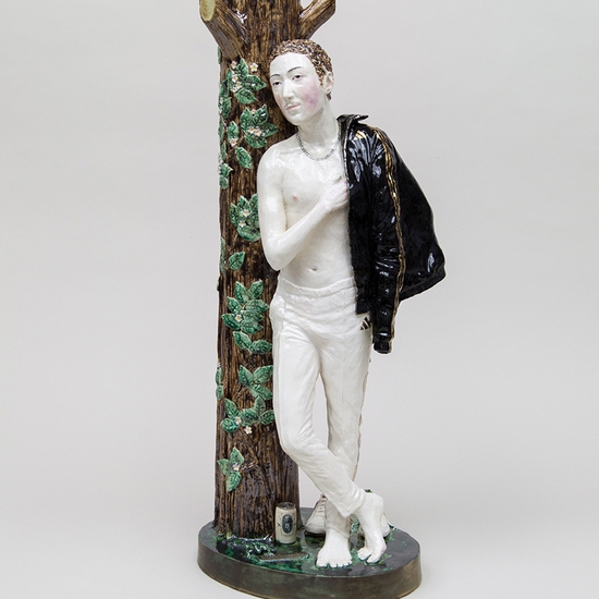 Claire Partington: Young Man Among The Roses, 2021, Glazed Earthenware, 26 x 11 x 8.5 inches