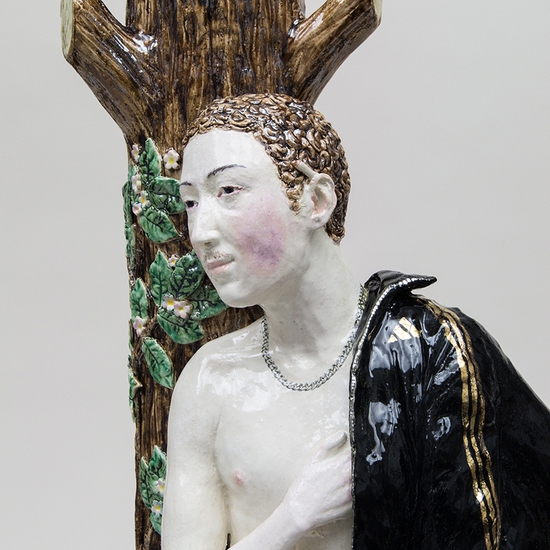 Claire Partington: Young Man Among The Roses, 2021, Glazed Earthenware, 26 x 11 x 8.5 inches
